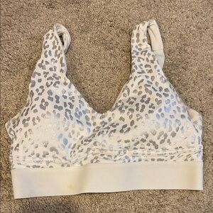 Fabletics Cream and Silver Leopard Sports Bra